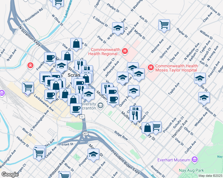 map of restaurants, bars, coffee shops, grocery stores, and more near 815 Vine Street in Scranton