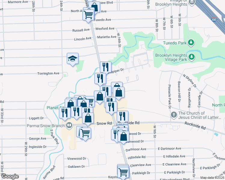 map of restaurants, bars, coffee shops, grocery stores, and more near 5631 Broadview Road in Parma
