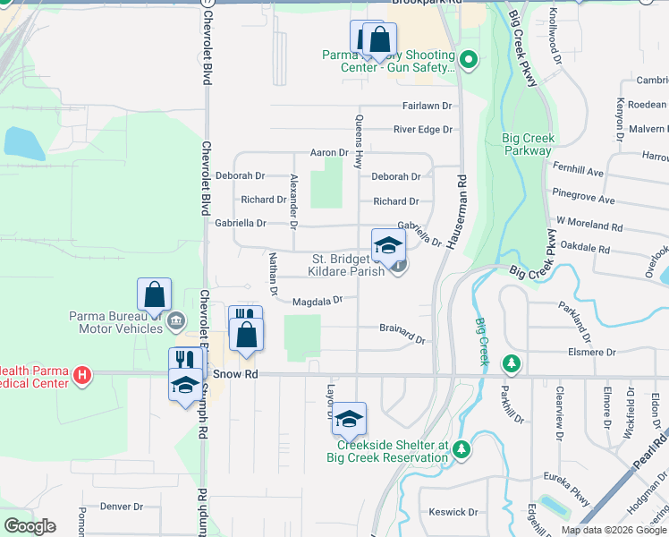map of restaurants, bars, coffee shops, grocery stores, and more near 5590 Queens Highway in Parma