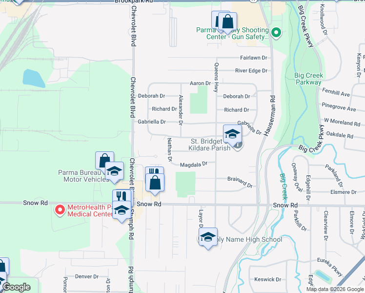 map of restaurants, bars, coffee shops, grocery stores, and more near 11221 Sharon Drive in Parma