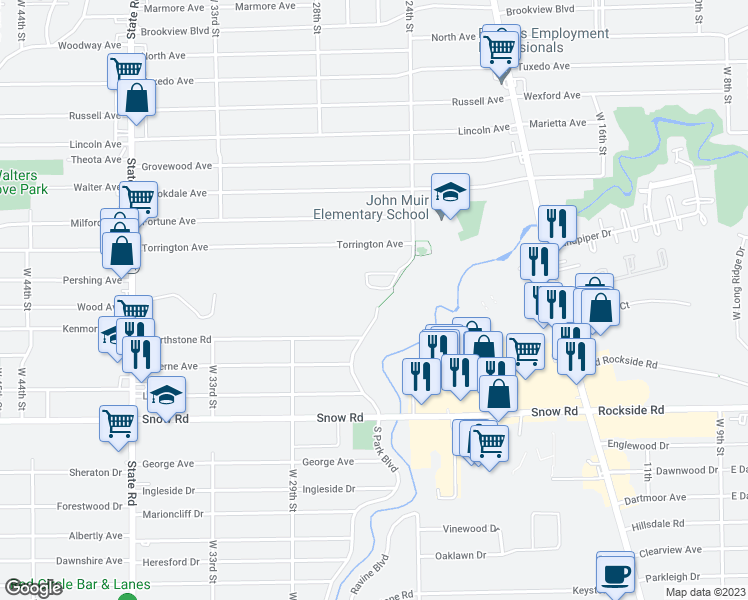 map of restaurants, bars, coffee shops, grocery stores, and more near 5634 South Park Boulevard in Parma