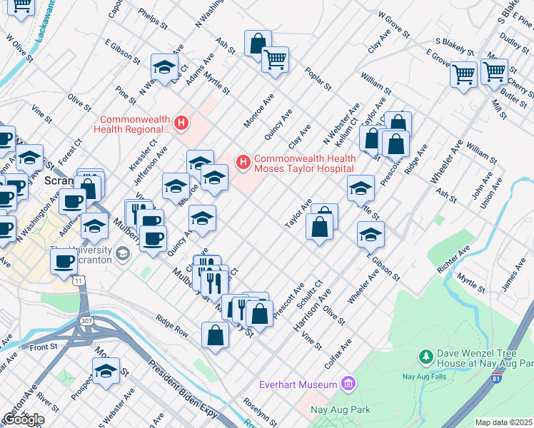 map of restaurants, bars, coffee shops, grocery stores, and more near 1198 Pine St in Scranton