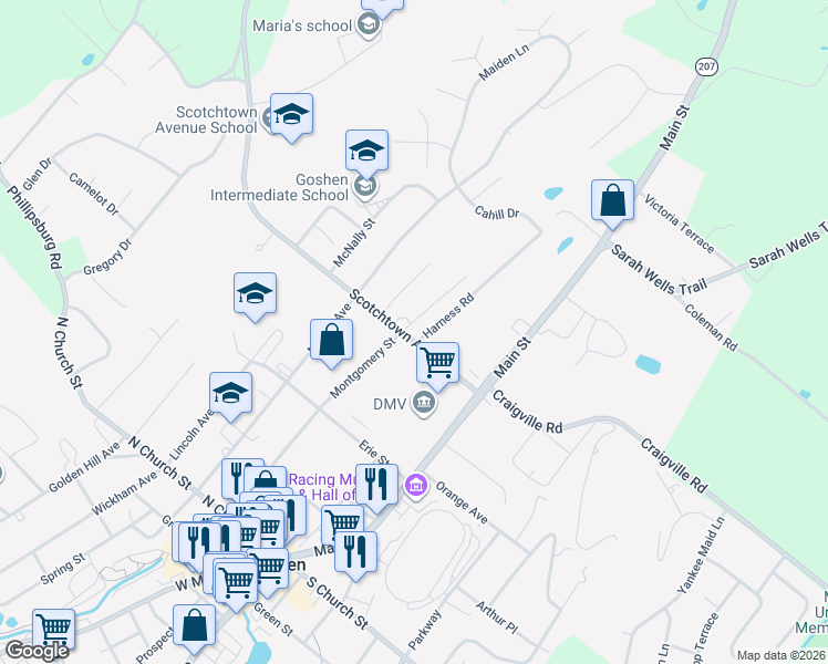 map of restaurants, bars, coffee shops, grocery stores, and more near 38 Scotchtown Avenue in Goshen