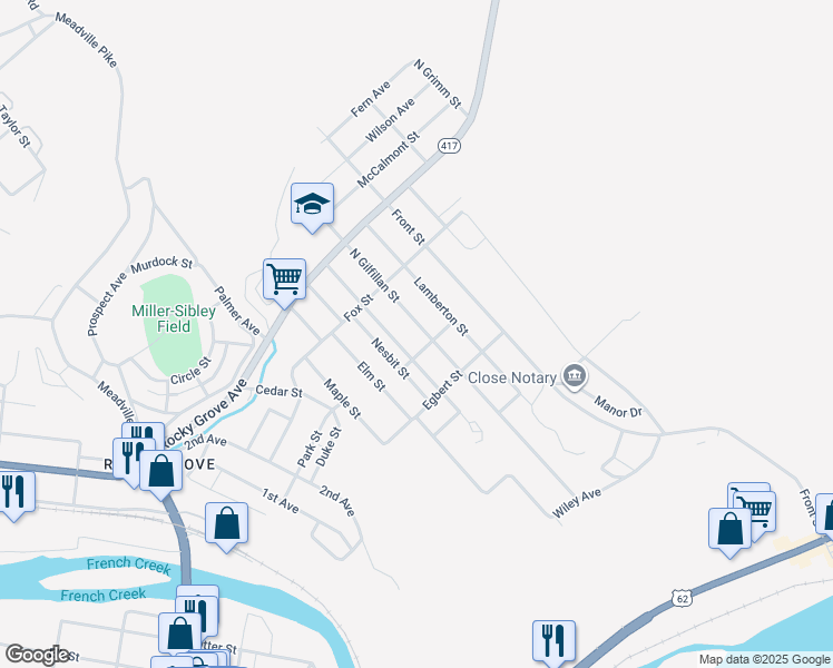 map of restaurants, bars, coffee shops, grocery stores, and more near 138 North Gilfillan Street in Franklin