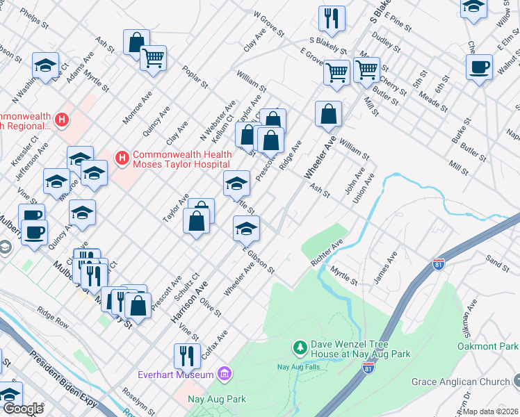 map of restaurants, bars, coffee shops, grocery stores, and more near 911 Harrison Avenue in Scranton