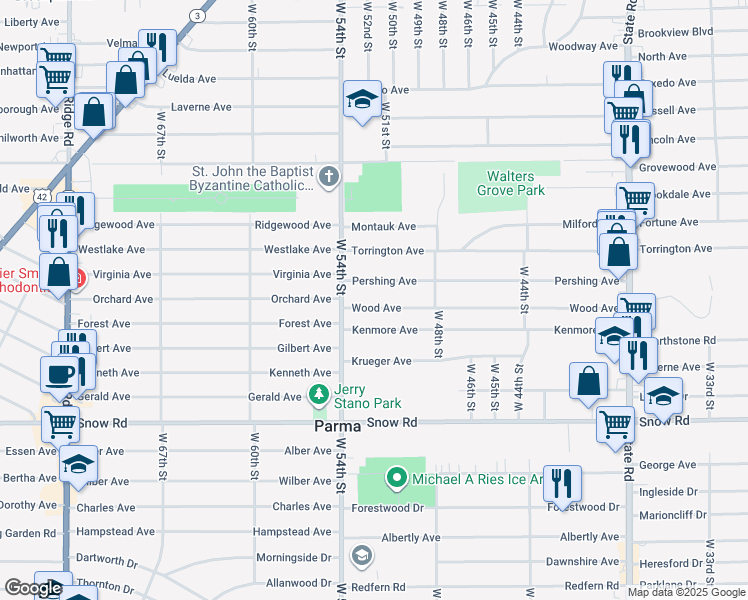map of restaurants, bars, coffee shops, grocery stores, and more near 5110 Wood Ave in Parma
