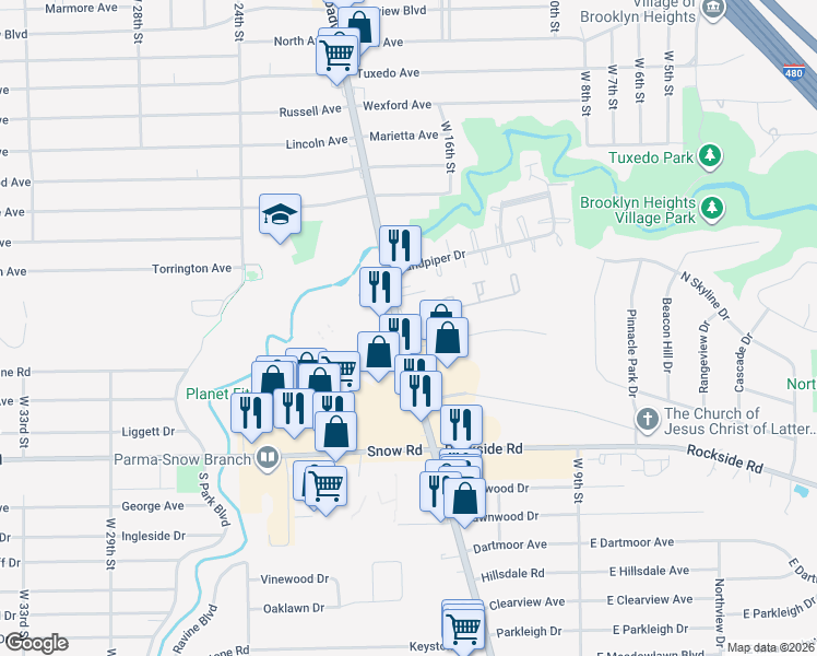 map of restaurants, bars, coffee shops, grocery stores, and more near 5631 Broadview Road in Parma