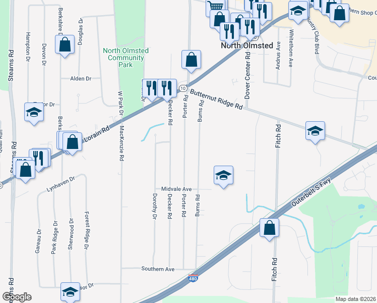 map of restaurants, bars, coffee shops, grocery stores, and more near 5561 Porter Road in North Olmsted