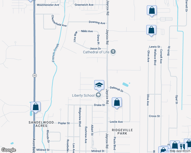 map of restaurants, bars, coffee shops, grocery stores, and more near 35204 Oxford Court in North Ridgeville