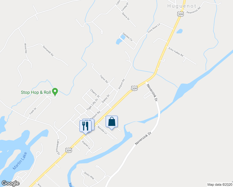 map of restaurants, bars, coffee shops, grocery stores, and more near 68 Airport Road in Huguenot