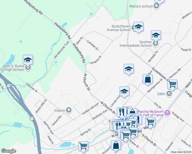 map of restaurants, bars, coffee shops, grocery stores, and more near 15 Winston Drive in Goshen