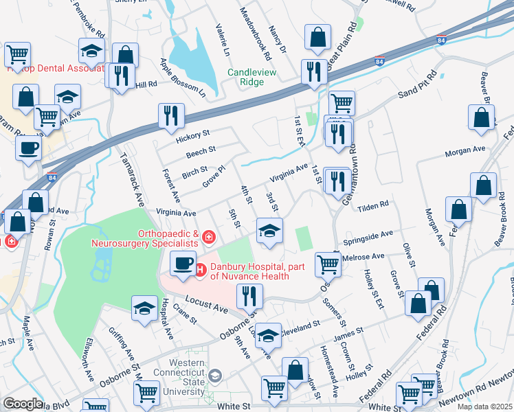 map of restaurants, bars, coffee shops, grocery stores, and more near 9 4th Street in Danbury
