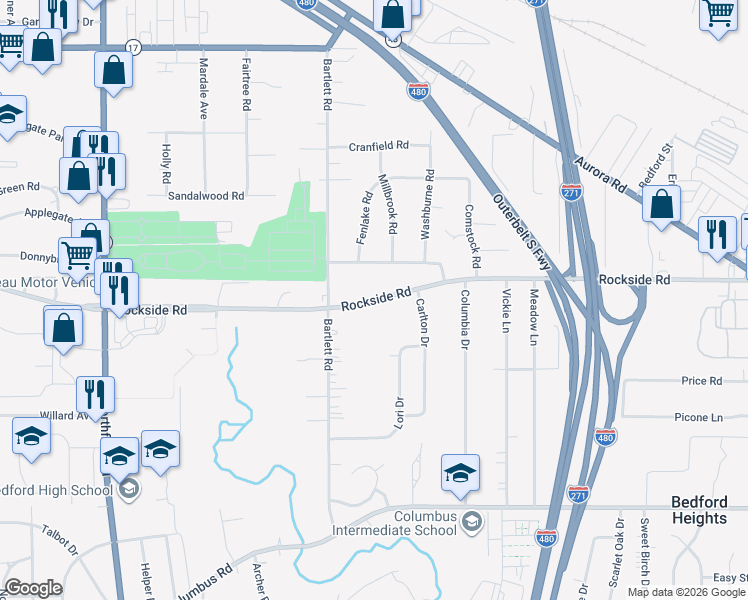 map of restaurants, bars, coffee shops, grocery stores, and more near 23255 Rockside Road in Bedford Heights