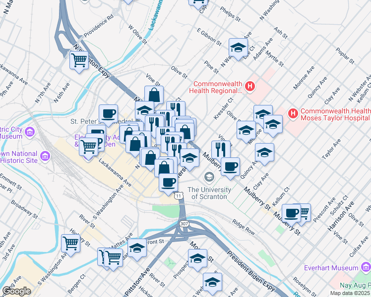 map of restaurants, bars, coffee shops, grocery stores, and more near 336 Adams Avenue in Scranton