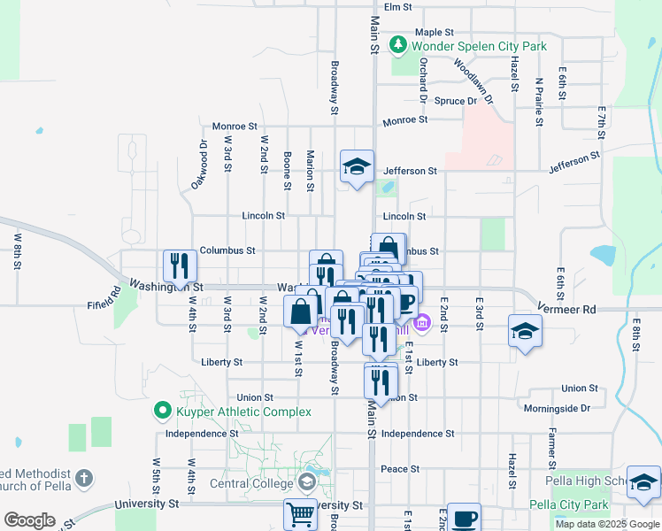 map of restaurants, bars, coffee shops, grocery stores, and more near 925 Broadway Street in Pella