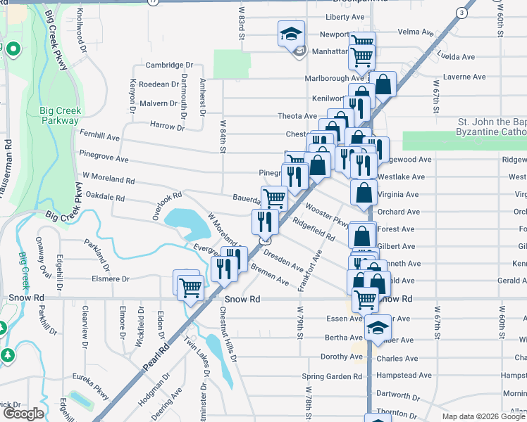 map of restaurants, bars, coffee shops, grocery stores, and more near 8111 Bauerdale Avenue in Parma