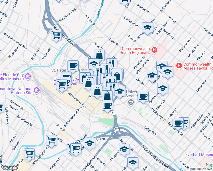 map of restaurants, bars, coffee shops, grocery stores, and more near 515 517 519 Linden Street in Scranton