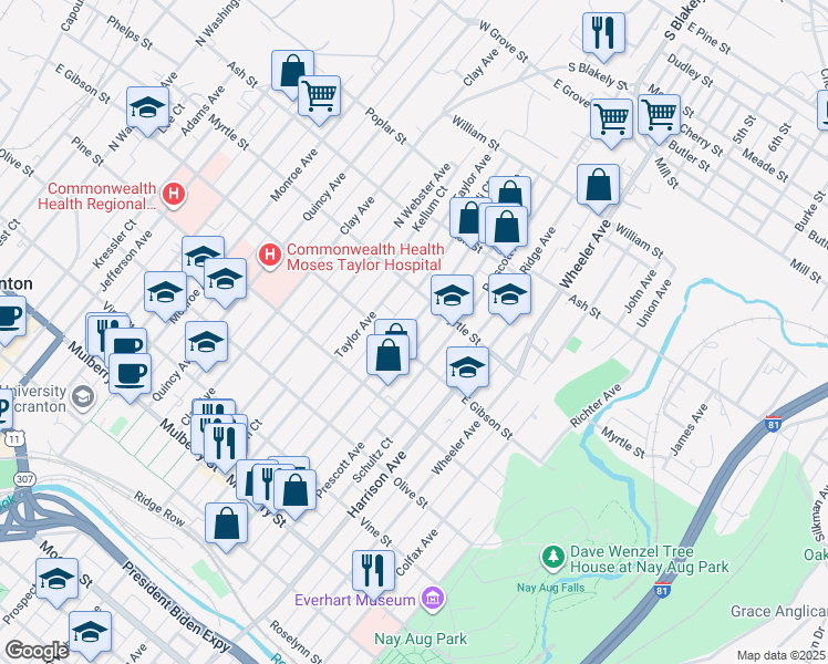 map of restaurants, bars, coffee shops, grocery stores, and more near 818 North Irving Avenue in Scranton