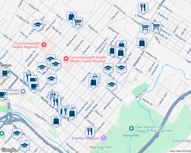 map of restaurants, bars, coffee shops, grocery stores, and more near 818 North Irving Avenue in Scranton