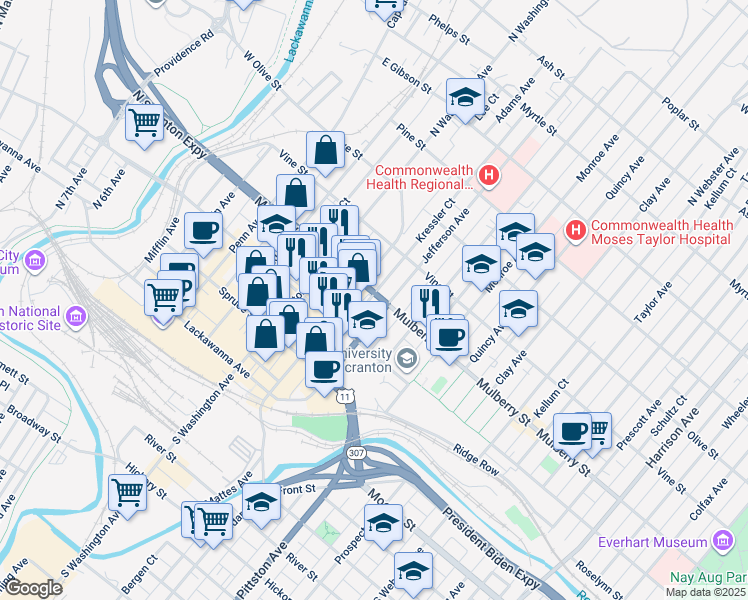 map of restaurants, bars, coffee shops, grocery stores, and more near 403 Jefferson Avenue in Scranton