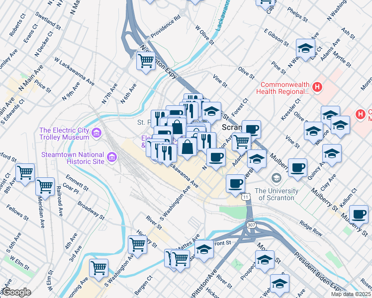 map of restaurants, bars, coffee shops, grocery stores, and more near 310 Spruce Street in Scranton