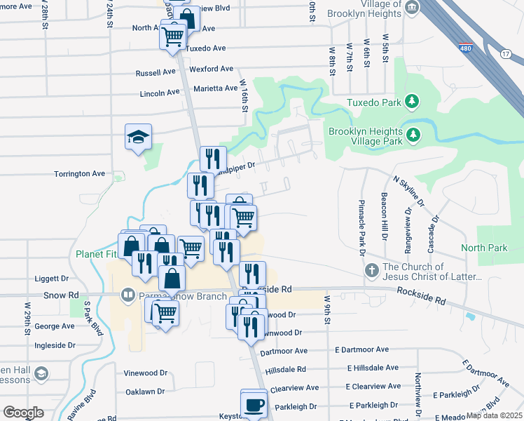 map of restaurants, bars, coffee shops, grocery stores, and more near 1360 Broadrock Court in Parma