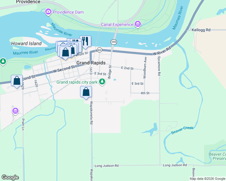 map of restaurants, bars, coffee shops, grocery stores, and more near 17576 Bridge Street in Grand Rapids