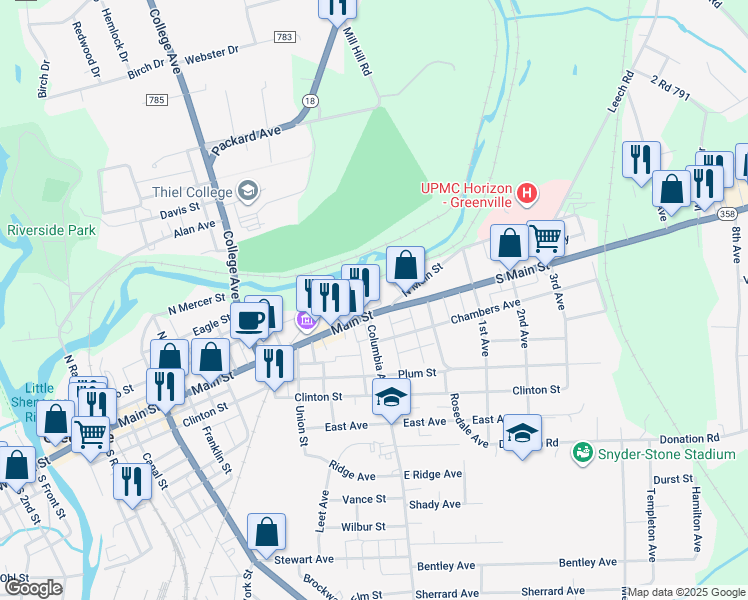 map of restaurants, bars, coffee shops, grocery stores, and more near 348 South Main Street in Greenville