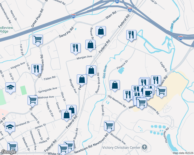 map of restaurants, bars, coffee shops, grocery stores, and more near 58 Beaver Brook Road in Danbury
