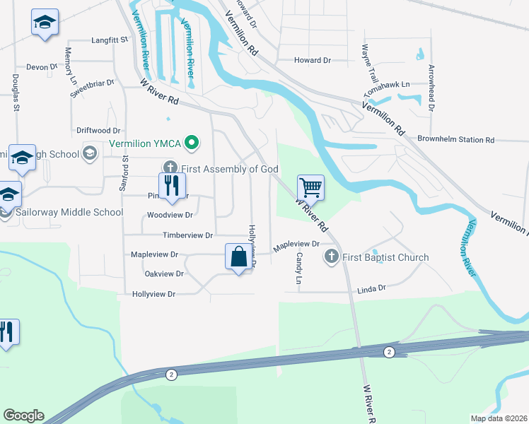 map of restaurants, bars, coffee shops, grocery stores, and more near 1370 Rolling Meadows Drive in Vermilion