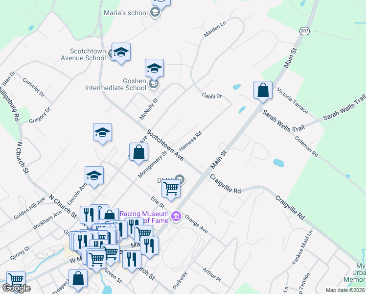map of restaurants, bars, coffee shops, grocery stores, and more near 38 Scotchtown Avenue in Goshen