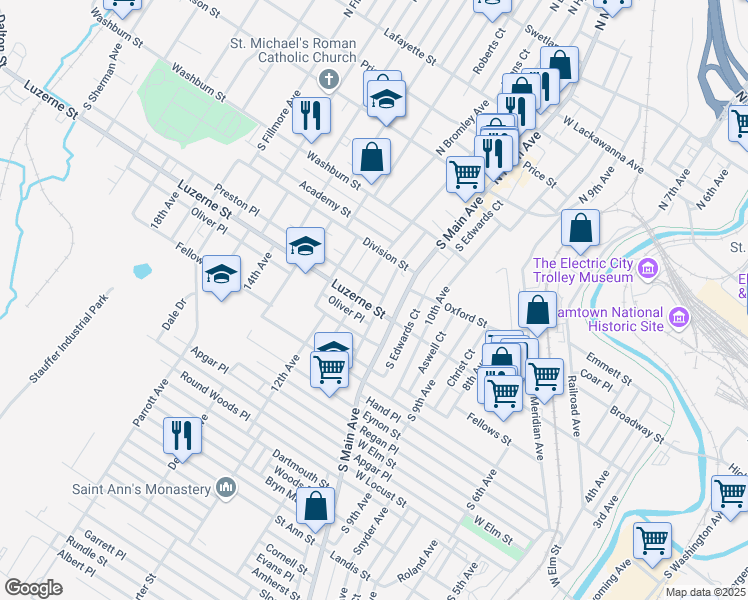 map of restaurants, bars, coffee shops, grocery stores, and more near 1122 Luzerne Street in Scranton