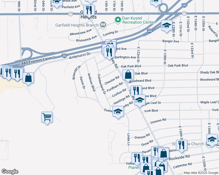 map of restaurants, bars, coffee shops, grocery stores, and more near 11517 Fordham Road in Garfield Heights