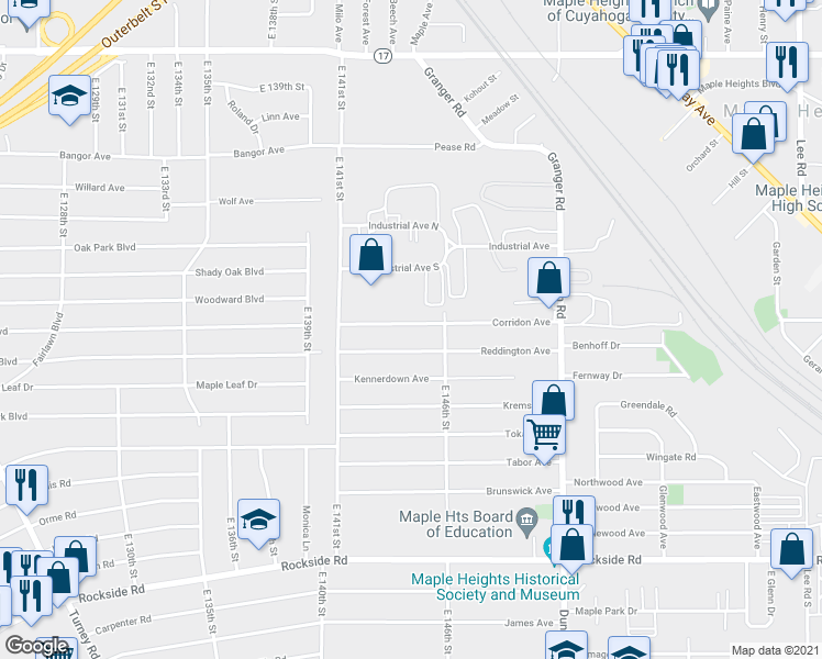 map of restaurants, bars, coffee shops, grocery stores, and more near 14410 Corridon Avenue in Maple Heights