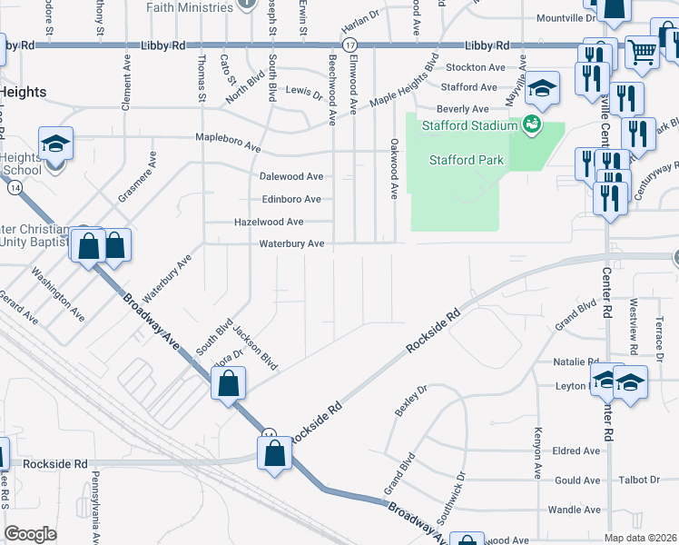 map of restaurants, bars, coffee shops, grocery stores, and more near 91 Thames Avenue in Bedford