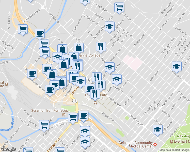 map of restaurants, bars, coffee shops, grocery stores, and more near 427 Madison Ave in Scranton