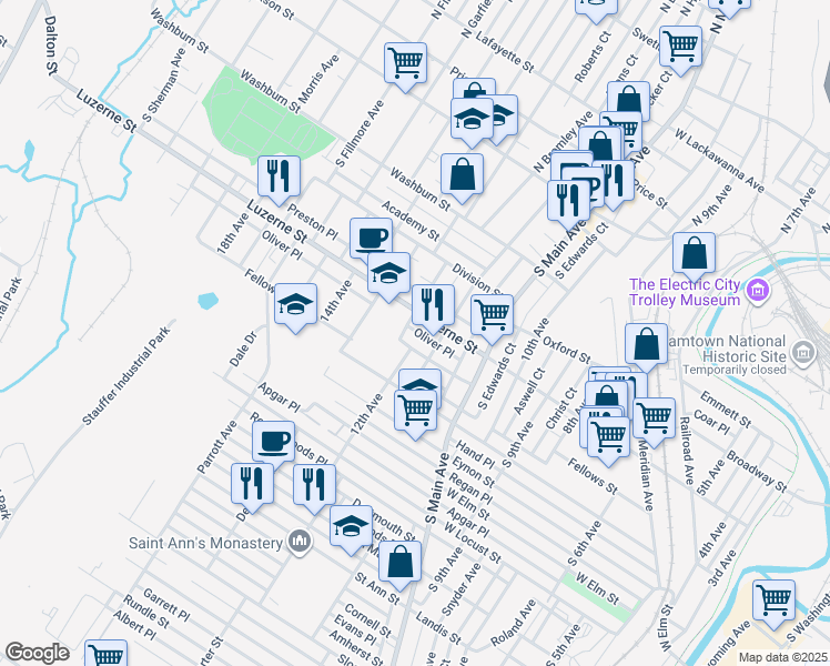 map of restaurants, bars, coffee shops, grocery stores, and more near 1218 Oliver Place in Scranton