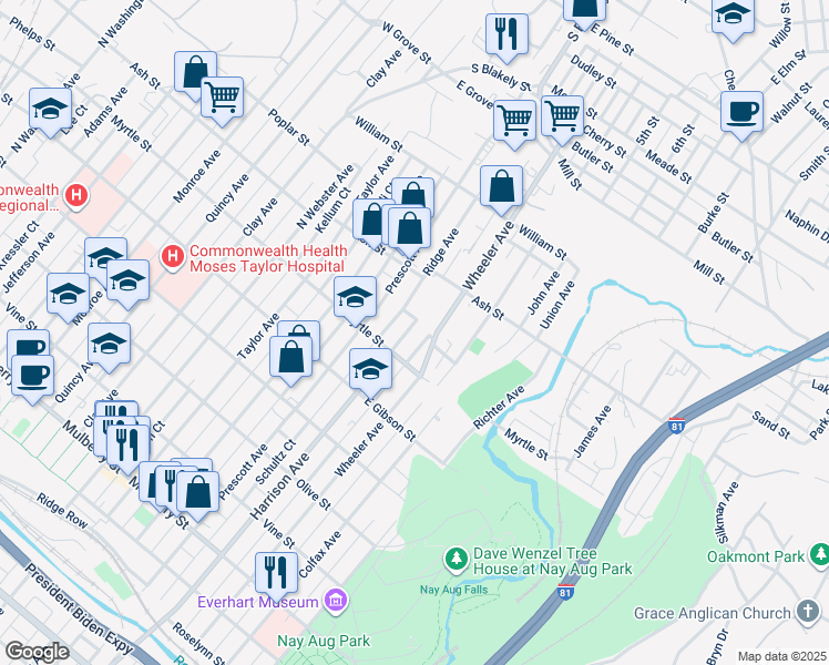 map of restaurants, bars, coffee shops, grocery stores, and more near in Dunmore