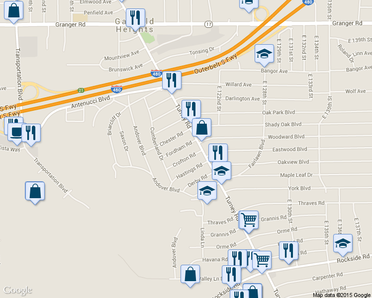 map of restaurants, bars, coffee shops, grocery stores, and more near 11712 Fordham Rd in Garfield Heights