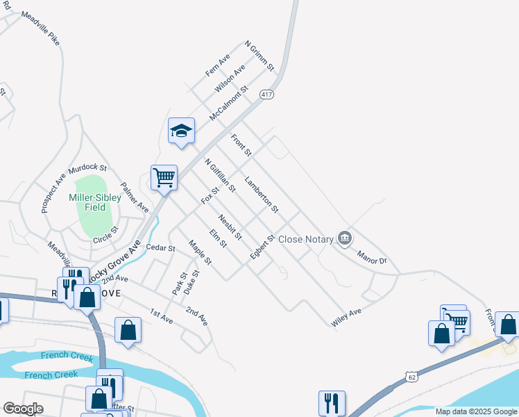 map of restaurants, bars, coffee shops, grocery stores, and more near 509 Kennerdell Street in Franklin