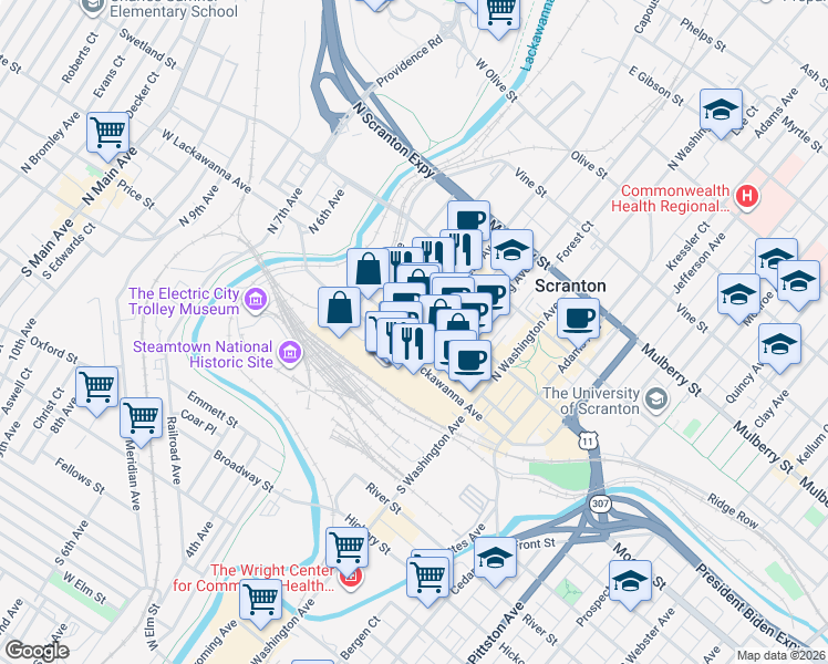 map of restaurants, bars, coffee shops, grocery stores, and more near 111 Penn Avenue in Scranton