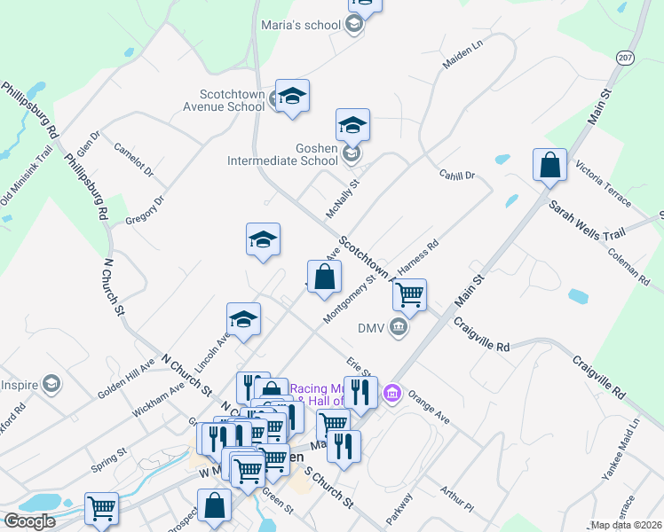 map of restaurants, bars, coffee shops, grocery stores, and more near 138 Murray Avenue in Goshen