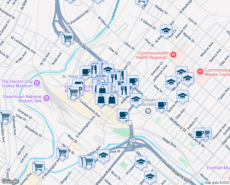 map of restaurants, bars, coffee shops, grocery stores, and more near in Scranton