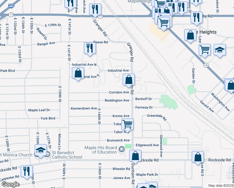 map of restaurants, bars, coffee shops, grocery stores, and more near 14832 Corridon Avenue in Maple Heights