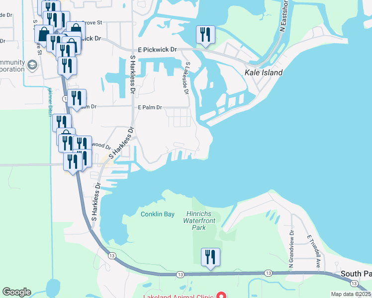 map of restaurants, bars, coffee shops, grocery stores, and more near 732 East Lake View Road in Syracuse