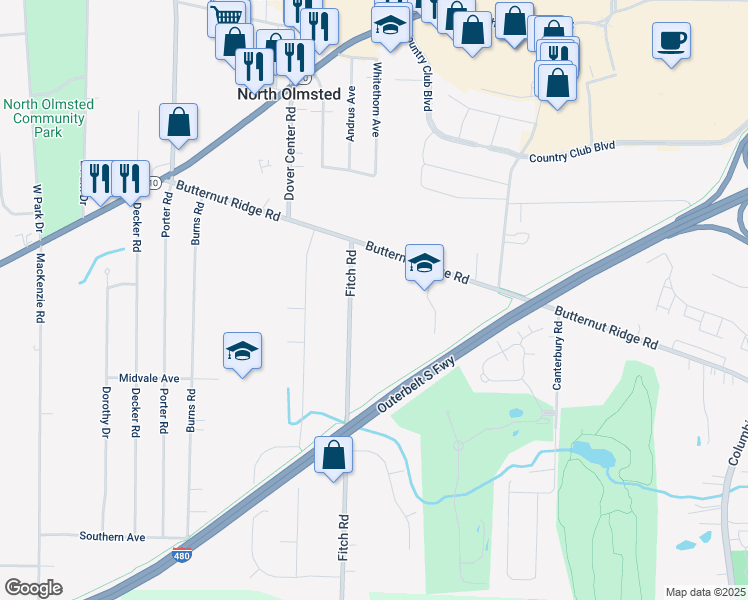 map of restaurants, bars, coffee shops, grocery stores, and more near 5559 Fitch Road in North Olmsted