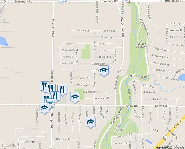 map of restaurants, bars, coffee shops, grocery stores, and more near 5590 Queens Highway in Parma
