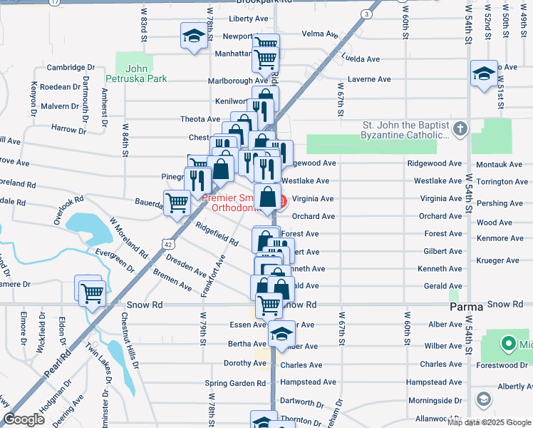 map of restaurants, bars, coffee shops, grocery stores, and more near 5620 Ridge Road in Parma