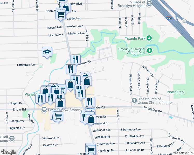 map of restaurants, bars, coffee shops, grocery stores, and more near 1360 Broadrock Court in Parma