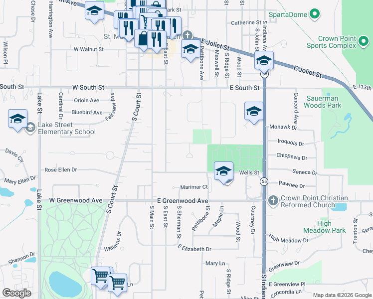 map of restaurants, bars, coffee shops, grocery stores, and more near 505 Dexter Drive in Crown Point
